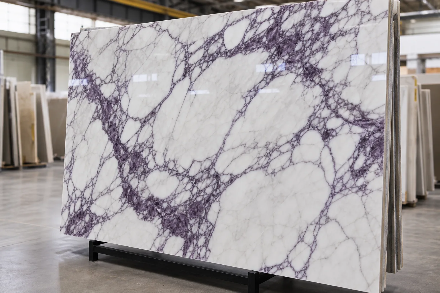 Violet-veined marble slab in the warehouse