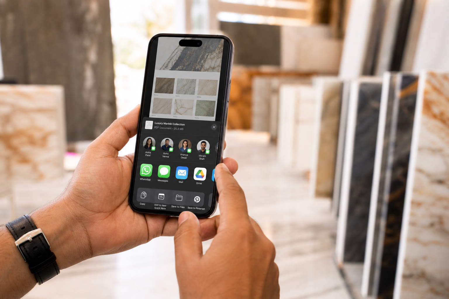 Illustration of sharing a natural stone catalog on WhatsApp from a phone
