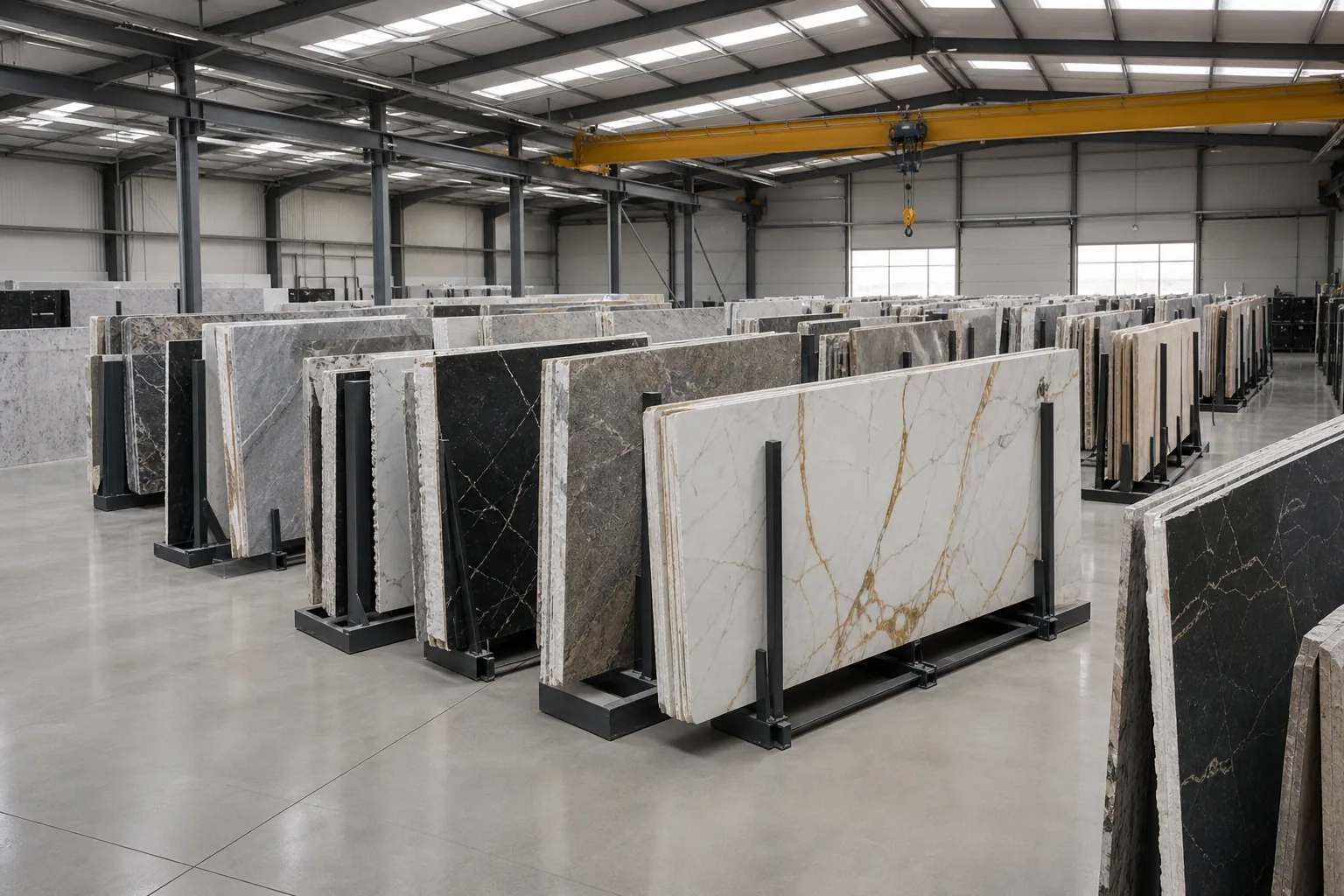 Natural stone slab racks inside a warehouse