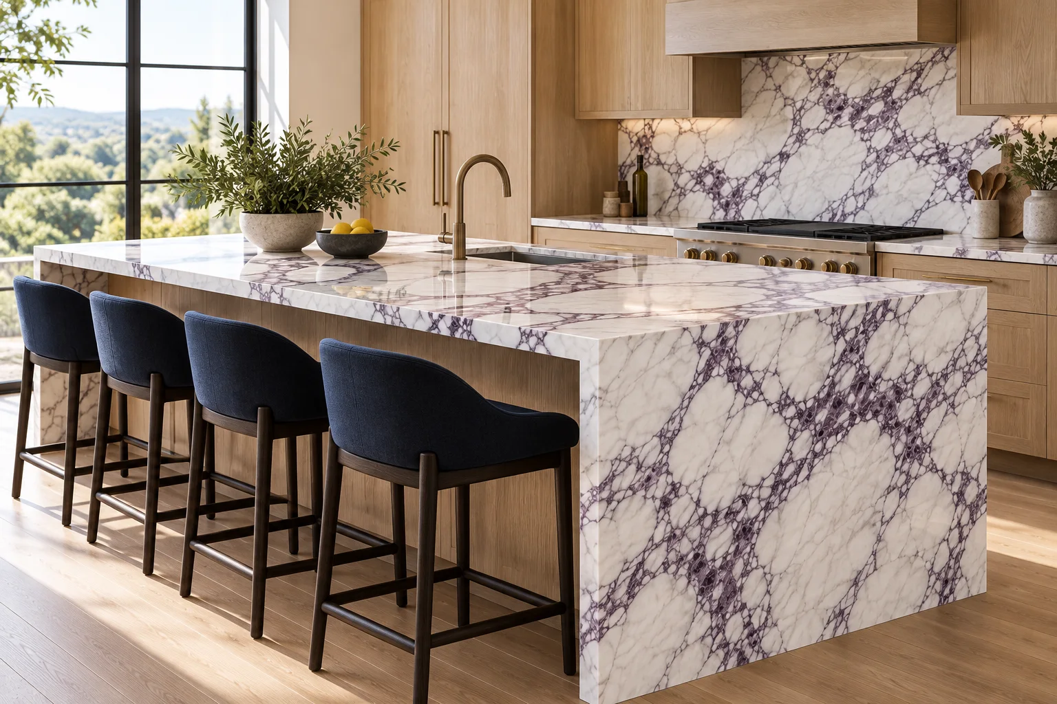 Illustrative AI visualization of violet-veined marble in a kitchen