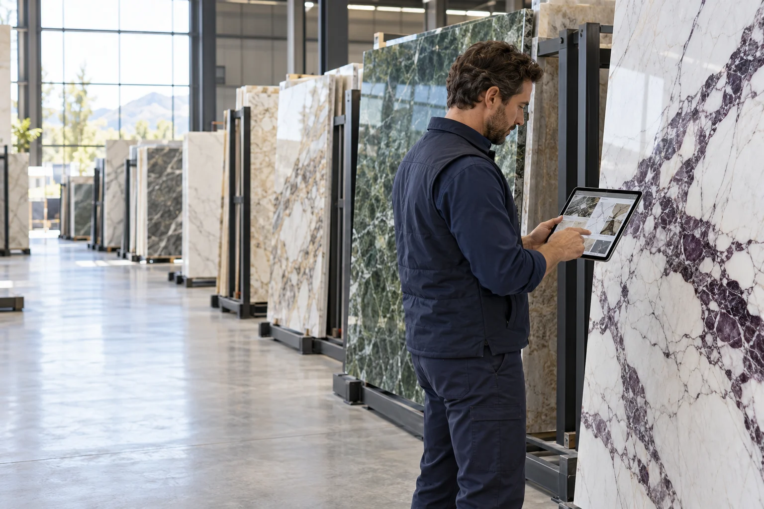Illustration of a stone distributor checking digital inventory beside marble slabs